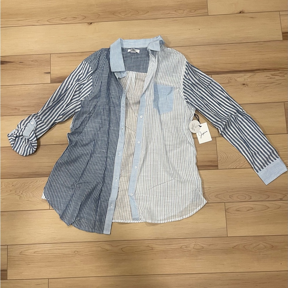 mismatched blue striped button up throw over